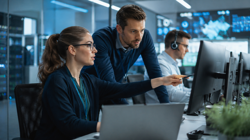 Mitarbeitende eines IT-Dienstleisters im Austausch über IT- und Serviceprozesse Mitarbeitende eines IT-Dienstleisters im Austausch über IT- und Serviceprozesse