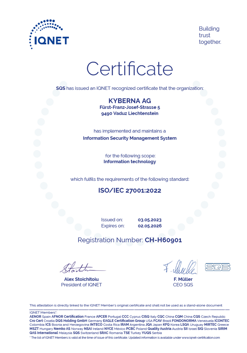 IQNET ISO/IEC 27001:2013 Certificate