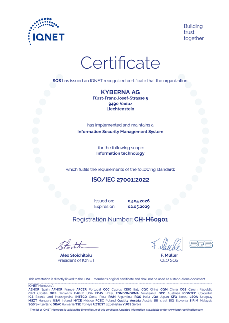IQNET ISO/IEC 27001:2013 Certificate