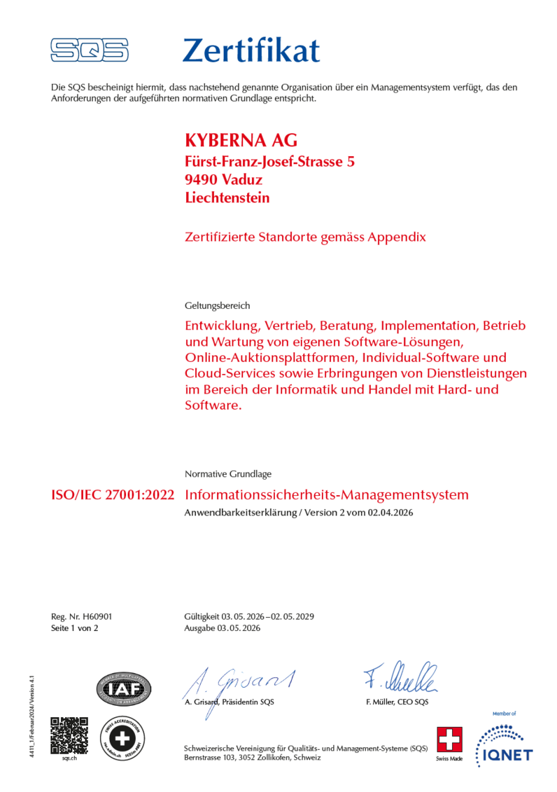 SQS ISO/IEC 27001:2013 Hauptzertifikat