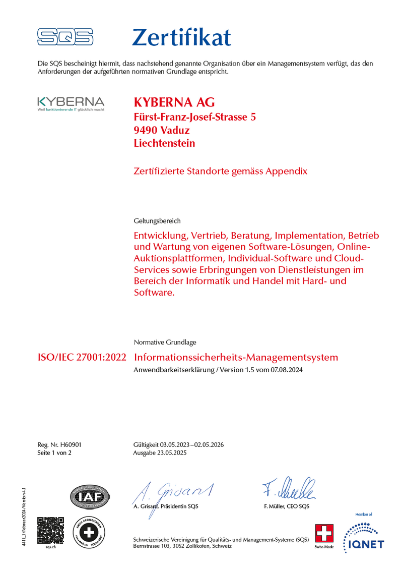 SQS ISO/IEC 27001:2013 Hauptzertifikat
